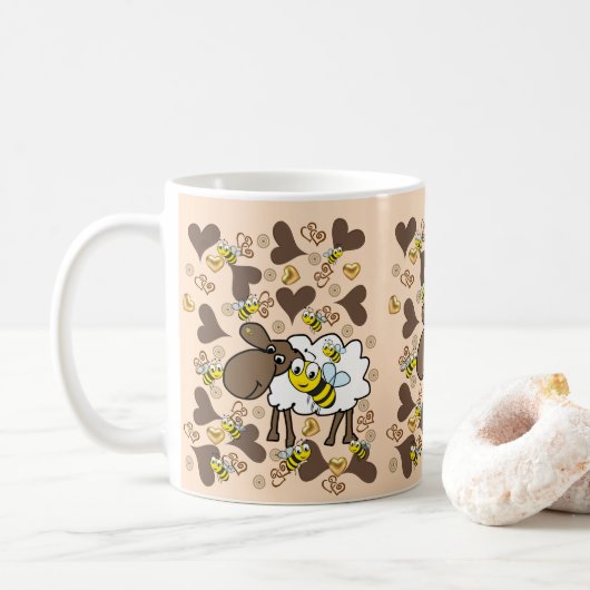 Beige Schapen Bruine Harten Mok (Met donut)