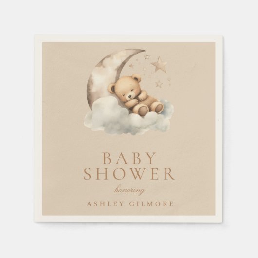 Beige Schattigee teddybeer neutraal Baby shower Servet (Voorkant)