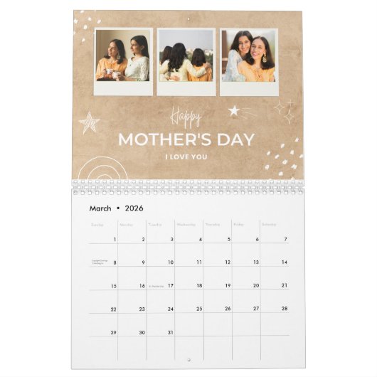 Beige Scribble Happy Moederdag Custom Photo Kalender (Mar 2026)
