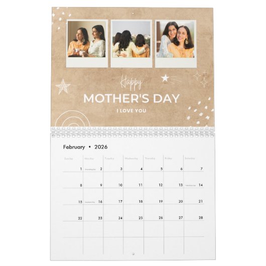 Beige Scribble Happy Moederdag Custom Photo Kalender (Feb 2026)
