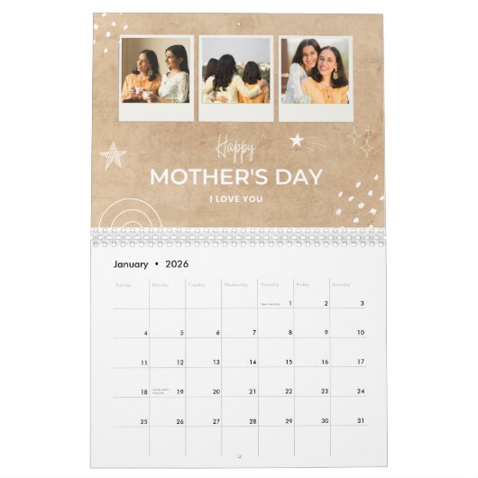 Beige Scribble Happy Moederdag Custom Photo Kalender (Jan 2026)