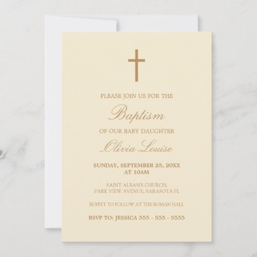 Beige Script Elegant Cream Baptism Invitation Kaart (Voorkant)
