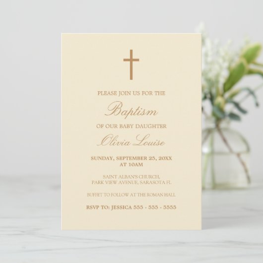 Beige Script Elegant Cream Baptism Invitation Kaart (Staand voorkant)