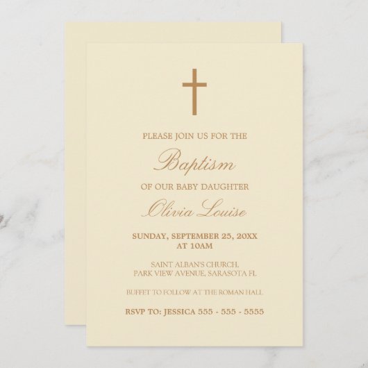 Beige Script Elegant Cream Baptism Invitation Kaart (Voorkant / Achterkant)