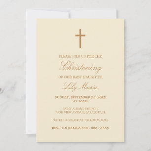 Beige Script Elegant Cream Christening Uitnodiging