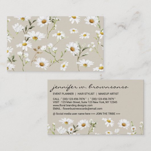 Beige Script Signature Daisy Visitekaartje (Voorkant / Achterkant)