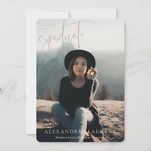 Beige Scripted Portrait Afstuderen Foto Aankondiging (Voorkant)
