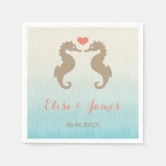 Beige Seapaarden in Love and Custom Names Weddensc Servet (Voorkant)