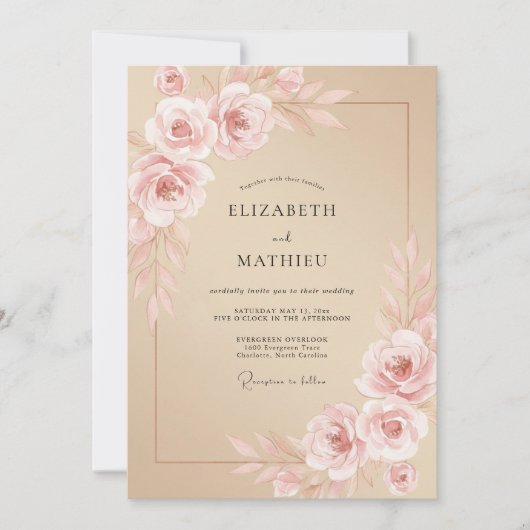 Beige Serene Romantische Rozen Bruiloft Kaart (Voorkant)