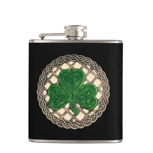 Beige Shamrock on Celtic Knots Flask Heupfles (Voorkant)