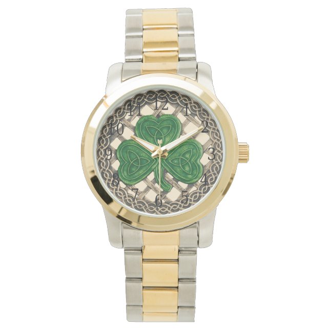 Beige Shamrock op Celtic Knots Watch Horloge (Voorkant)