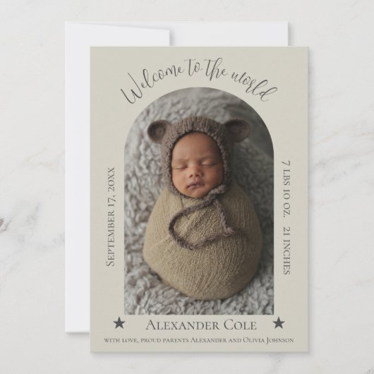 Beige Simple Arch Lijst Foto geboorteaankondiging Aankondiging (Voorkant)