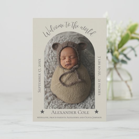 Beige Simple Arch Lijst Foto geboorteaankondiging Aankondiging (Staand voorkant)