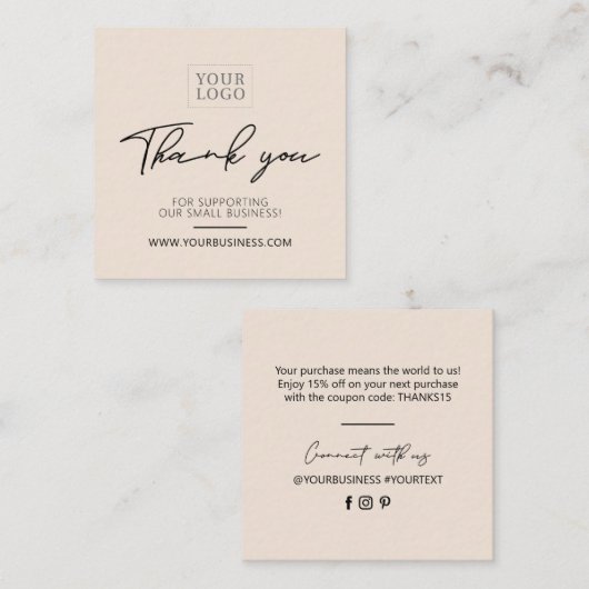 Beige Simple Business Hartelijk dank voor de inste Vierkante Visitekaartje (Voorkant / Achterkant)