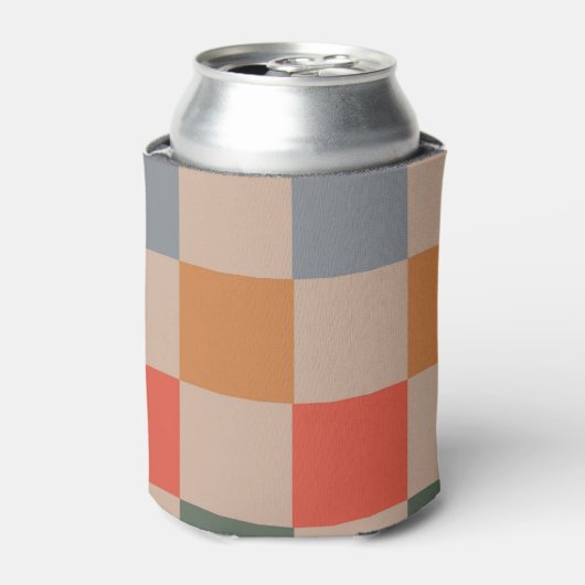 Beige Sinaasappel Blauw Checkerboard Retro Moderne Blikjeskoeler (Blikje Voorkant)