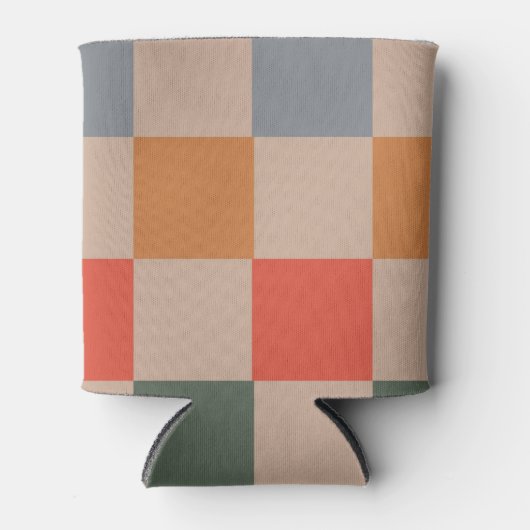 Beige Sinaasappel Blauw Checkerboard Retro Moderne Blikjeskoeler (Voorkant)