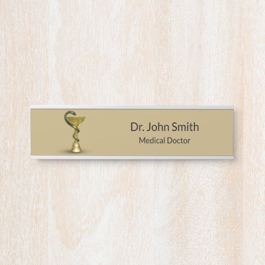 Beige Snake Bowl Hygieia Gold Caduceus Medical Deurbordje (Voorkant)