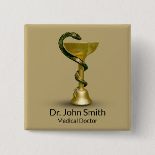 Beige Snake Medical Bowl Hygieia Gold Caduceus Vierkante Button 5,1 Cm