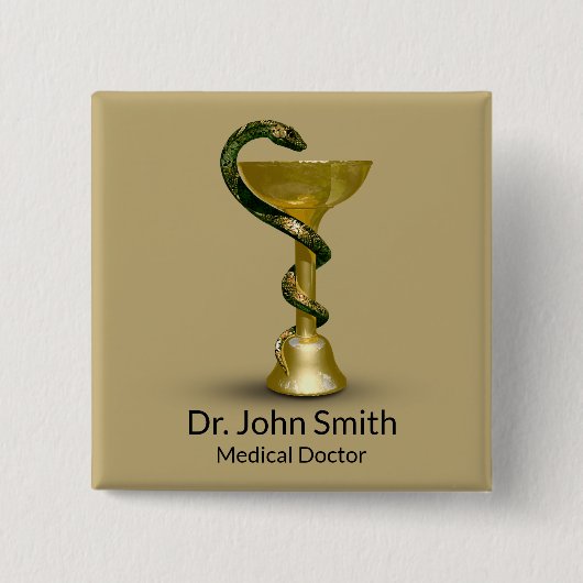 Beige Snake Medical Bowl Hygieia Gold Caduceus Vierkante Button 5,1 Cm (Voorkant)