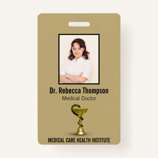 Beige Snake Medical Bowl Hygieia Gold Foto ID Badge (Voorkant)