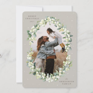 Beige Sneeuwbes+Eucalyptus Kerst Foto Feestdagenkaart