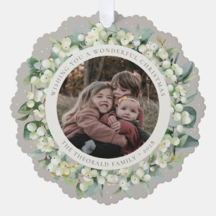Beige Sneeuwbes+Eucalyptus Kerstkrans Foto Ornament Kaart