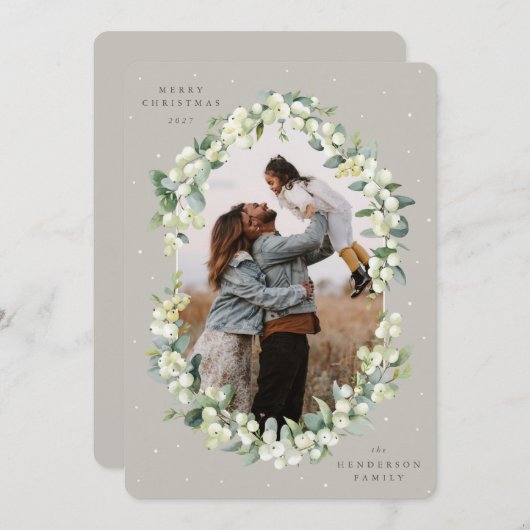 Beige Snowberry+Eucalyptus Christmas Photo Feestdagenkaart (Voorkant / Achterkant)