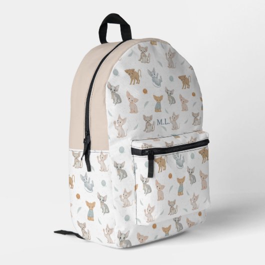 Beige Sphynx Kat Patroon Aangepaste Monogram Kinde Bedrukte Rugzak (Achterkant Hoek Links)
