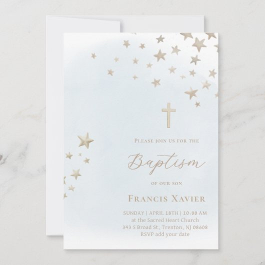 beige stars on pastel blue sky | Baptism Kaart (Voorkant)