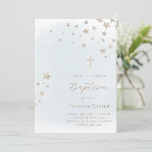 beige stars on pastel blue sky | Baptism  Kaart (Staand voorkant)
