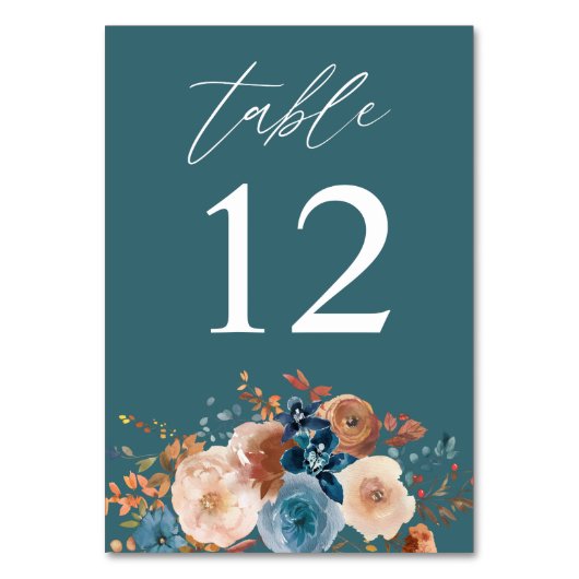 Beige & Stofblauw Bloemtafel Nummer - Teal Kaart (Voorkant)