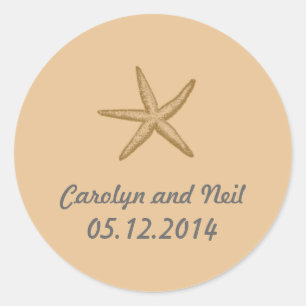 Beige strand thema zeester bruiloft gunst ronde sticker