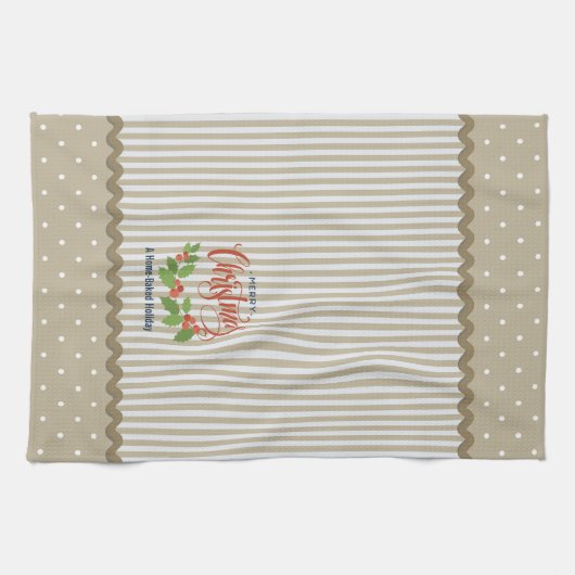 Beige strepen Holly verlaat Kerstmis Theedoek (Horizontaal)