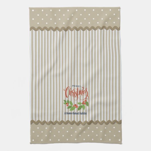 Beige strepen Holly verlaat Kerstmis Theedoek (Verticaal)