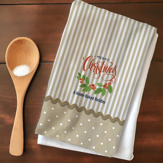 Beige strepen Holly verlaat Kerstmis Theedoek