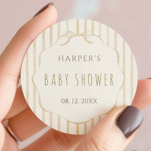 Beige Strepen met Geschulpte Lijst Baby Shower  Ronde Sticker