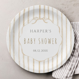 Beige Strepen met Schulpframe Baby Shower Papieren Bordje