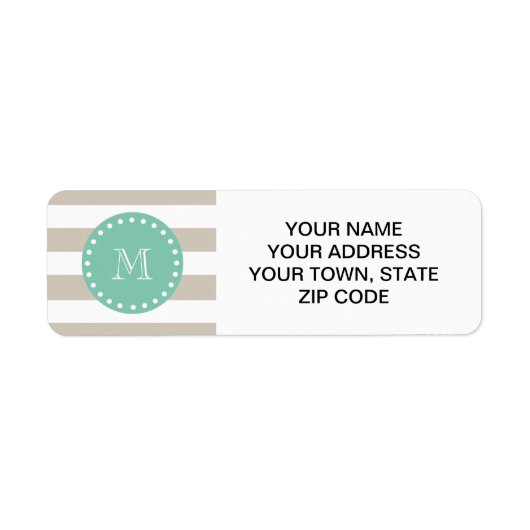 Beige strepen patroon, munt groen monogram etiket (Voorkant)