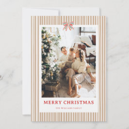 Beige Stripe Red Bow Christmas Photo Holiday Card Feestdagenkaart