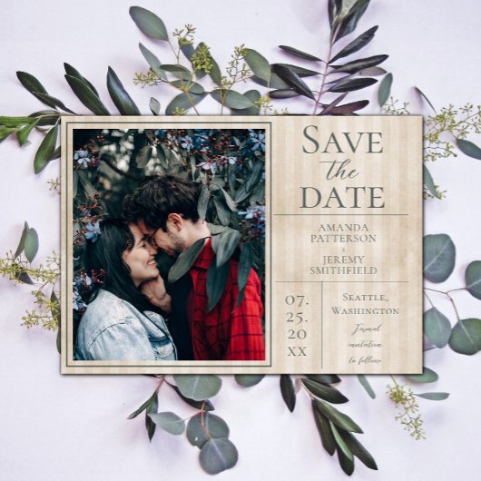 Beige  Striped Foto slaat de datum op Save The Date