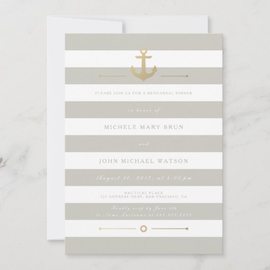 Beige Striped Nautical Rehearsal Dinner Invite Kaart (Voorkant)