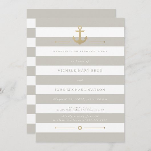 Beige Striped Nautical Rehearsal Dinner Invite Kaart (Voorkant / Achterkant)