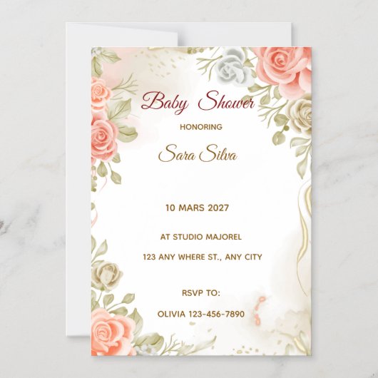 Beige Studded By Flowers Baby Shower Invitation Magnetische Uitnodiging (Voorkant)