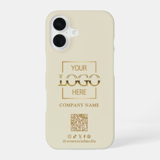 Beige Stylish Minimalist Business Logo & QR Code iPhone 16 Hoesje (Achterkant)