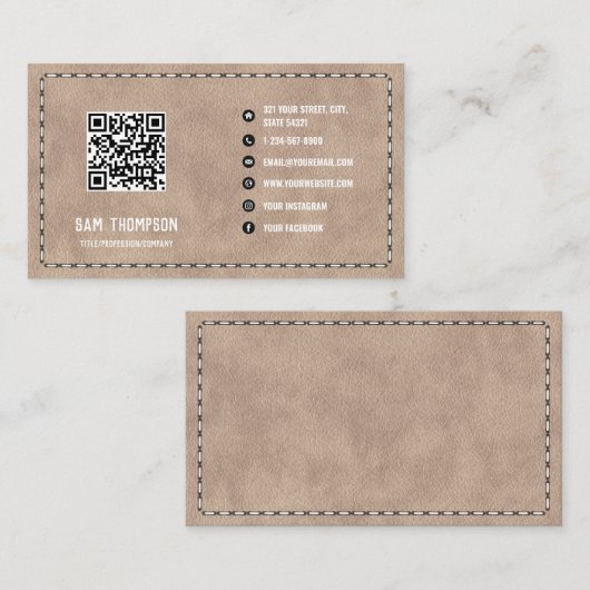 Beige Suede Leather Business QR-code Visitekaartje (Voorkant / Achterkant)
