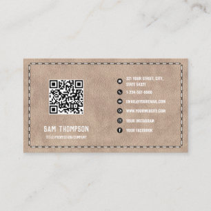 Beige Suede Leather Business QR-code Visitekaartje