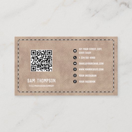 Beige Suede Leather Business QR-code Visitekaartje (Voorkant)