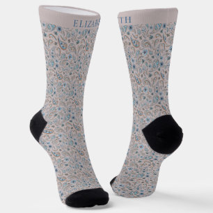 Beige Taan Grijs en Turkoois Blauw Paisley Patroon Sokken