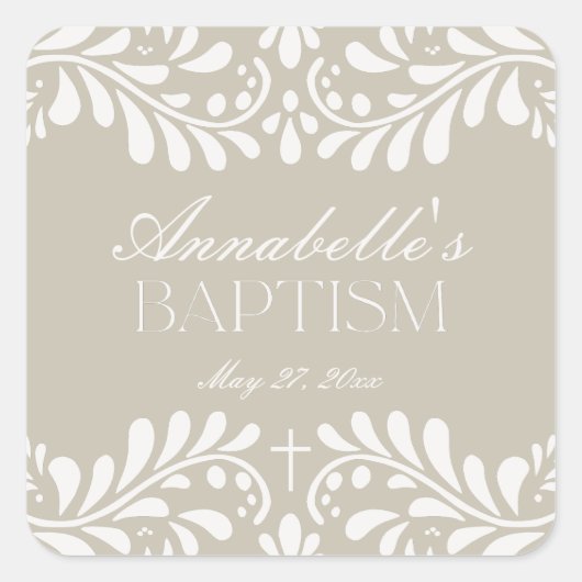 Beige Talavera Tegel Spaans Fiesta Doopgunst Vierkante Sticker (Voorkant)