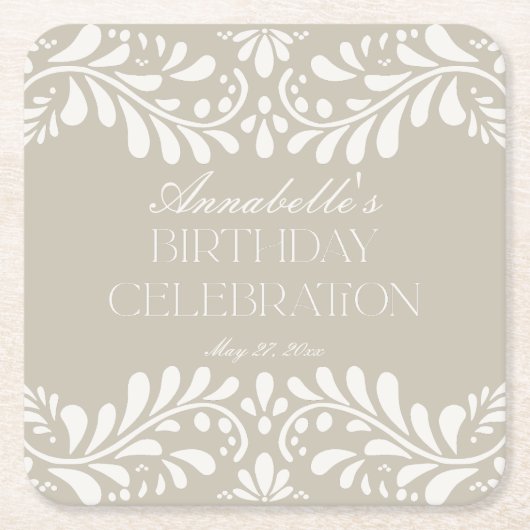 Beige Talavera Tegel Spaans Fiesta verjaardagsfees Kartonnen Onderzetters (Voorkant)